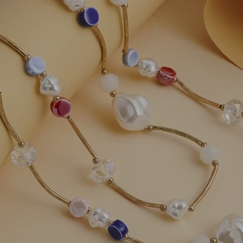 Resin, Multi Color Ceramic and White Glass Station Necklace 45"  in Goldtone
